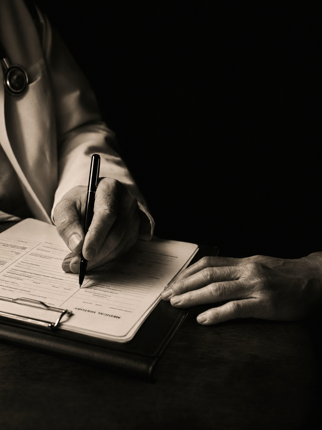 Hands writing notes at a medical appointment